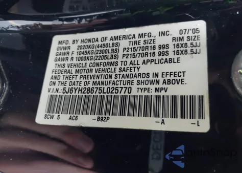 2005 Honda Element Ex from USA, damaged, VIN 5J6YH28675L025770